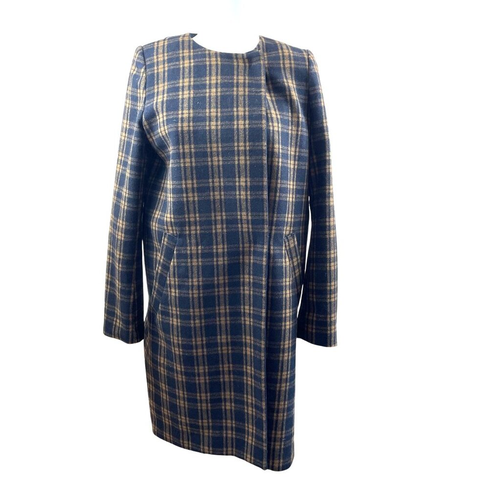 H&M Plaid Wool Blend Long Coat Navy Tan Double Snap Closure Sz 6